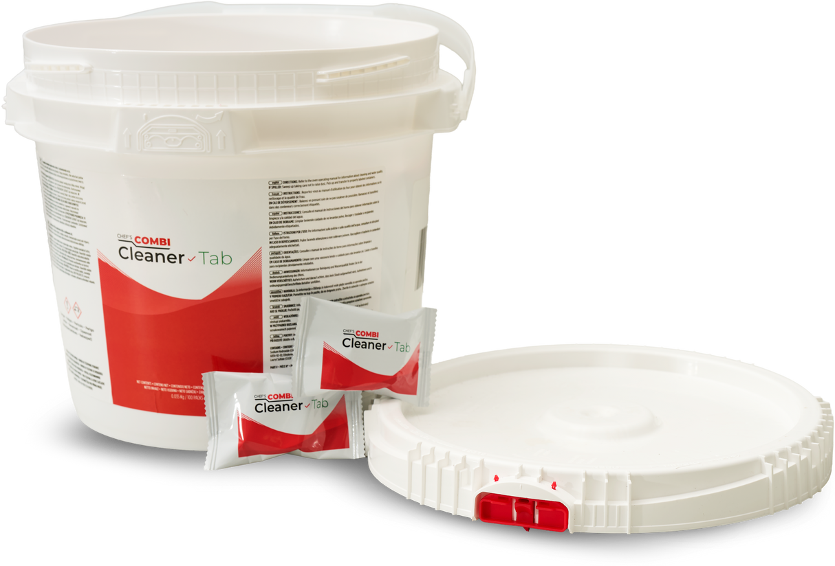 White plastic bucket labeled Combi Cleaner Tab with a handle and lid. Two red and white Cleaner Tab sachets, ideal for CombiCare cleaning cycles in your oven, are in front. The bucket lid is beside the bucket on a white background.