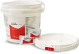 White plastic bucket labeled Combi Cleaner Tab with a handle and lid. Two red and white Cleaner Tab sachets, ideal for CombiCare cleaning cycles in your oven, are in front. The bucket lid is beside the bucket on a white background.