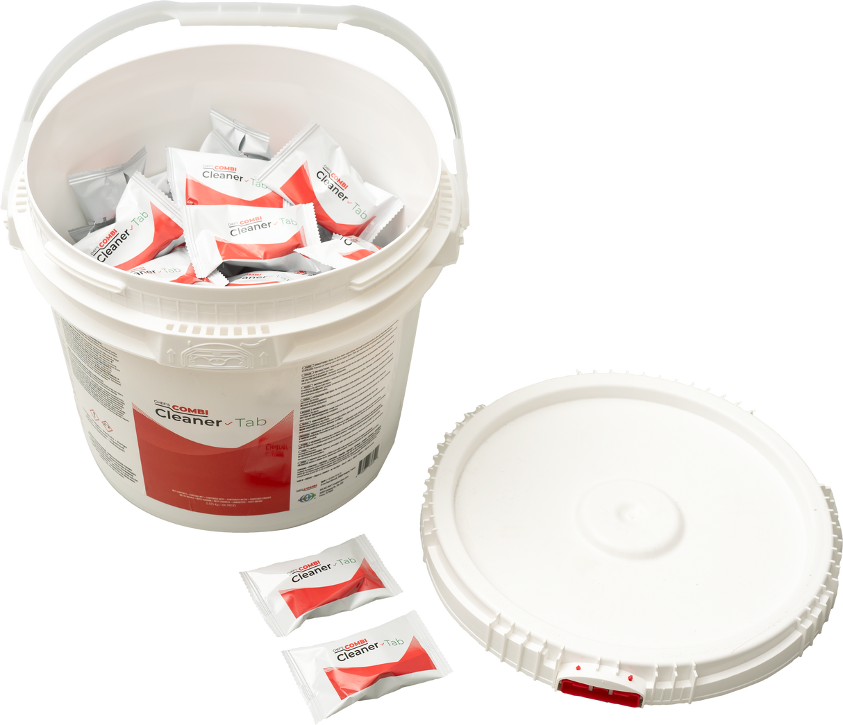 A white plastic bucket labeled “Cleaner Tab” is filled with individually wrapped cleaning tablets designed for oven or CombiCare cleaning cycles. The ridged lid sits nearby, while three tablet packets rest outside on a white background.
