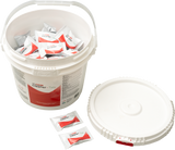 A white plastic bucket labeled “Cleaner Tab” is filled with individually wrapped cleaning tablets designed for oven or CombiCare cleaning cycles. The ridged lid sits nearby, while three tablet packets rest outside on a white background.