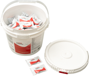 A white plastic bucket labeled “Cleaner Tab” is filled with individually wrapped cleaning tablets designed for oven or CombiCare cleaning cycles. The ridged lid sits nearby, while three tablet packets rest outside on a white background.