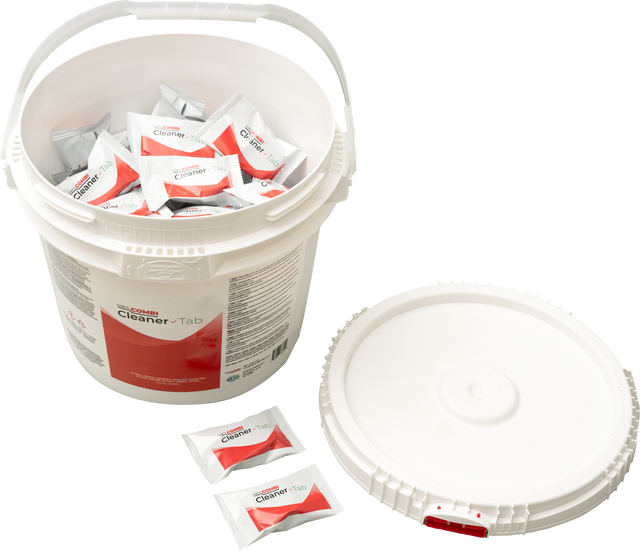 A white plastic bucket labeled “Cleaner Tab” is filled with individually wrapped cleaning tablets designed for oven or CombiCare cleaning cycles. The ridged lid sits nearby, while three tablet packets rest outside on a white background.