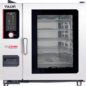 A stainless steel Vulcan CHEF’S COMBI steam generator combi oven with a customizable CombiOS interface, digital control panel, large glass door, and multiple wire racks—perfect multifunctional cooking equipment for professional kitchens. Clean and empty.