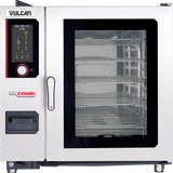 A stainless steel commercial combi oven with digital touch controls on the left, a black-framed glass door revealing multiple wire racks inside, and the brand name “Vulcan”—featuring humidity sensor-controlled climate for precise cooking.