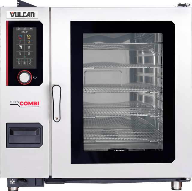 A stainless steel commercial combi oven with digital touch controls on the left, a black-framed glass door revealing multiple wire racks inside, and the brand name “Vulcan”—featuring humidity sensor-controlled climate for precise cooking.