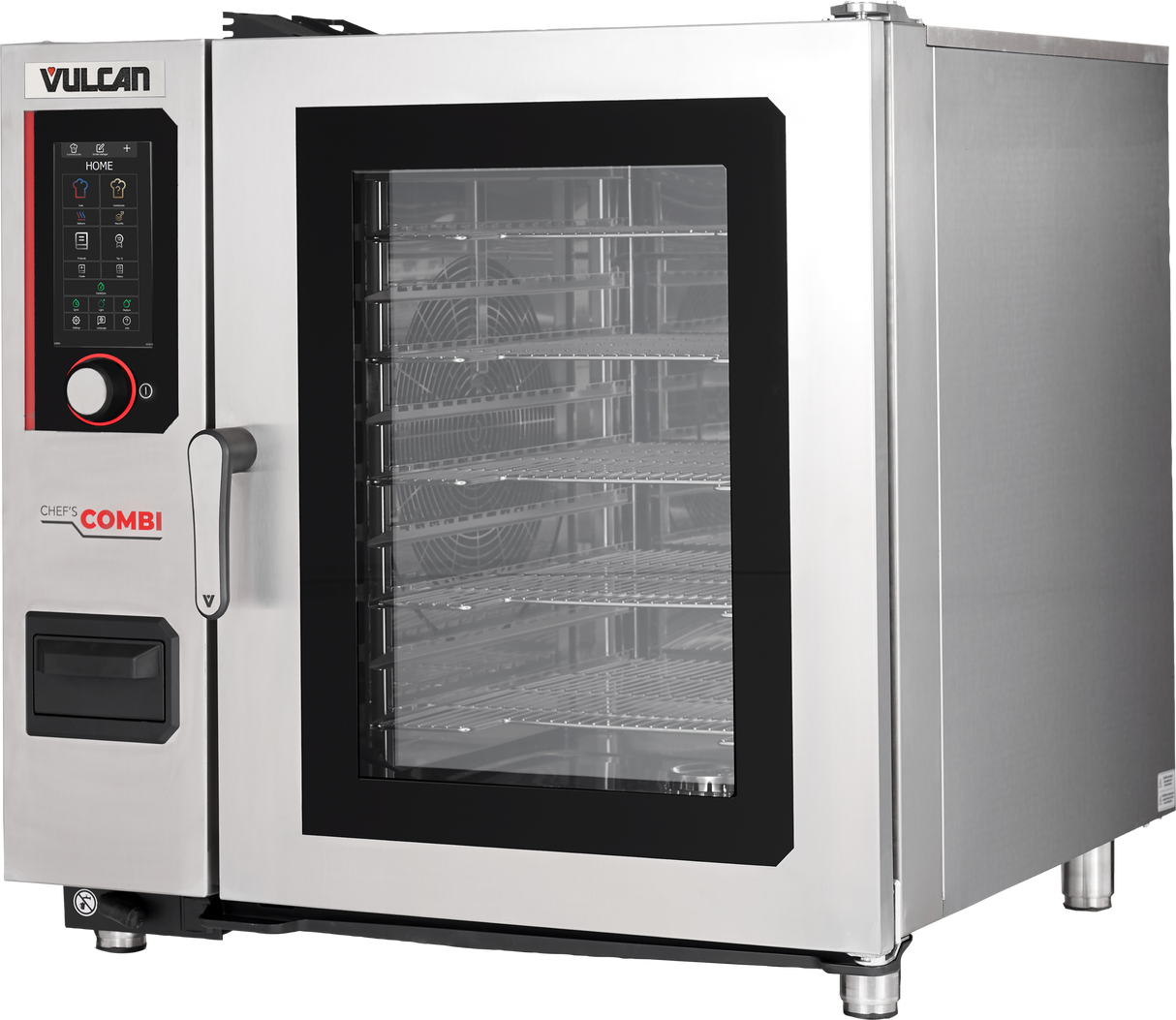 A stainless steel Vulcan combi oven with a glass door reveals multiple wire racks inside. The control panel on the left features a digital display, buttons, and large handle—showcasing advanced, multifunctional cooking equipment for commercial kitchens.