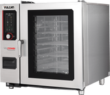 A stainless steel Vulcan combi oven with a glass door reveals multiple wire racks inside. The control panel on the left features a digital display, buttons, and large handle—showcasing advanced, multifunctional cooking equipment for commercial kitchens.