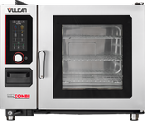 A stainless steel commercial combi oven with humidity control features, a digital touch control panel on the left, a black-bordered glass door revealing two wire racks inside, and labeled Vulcan and Chefs Combi on the front.