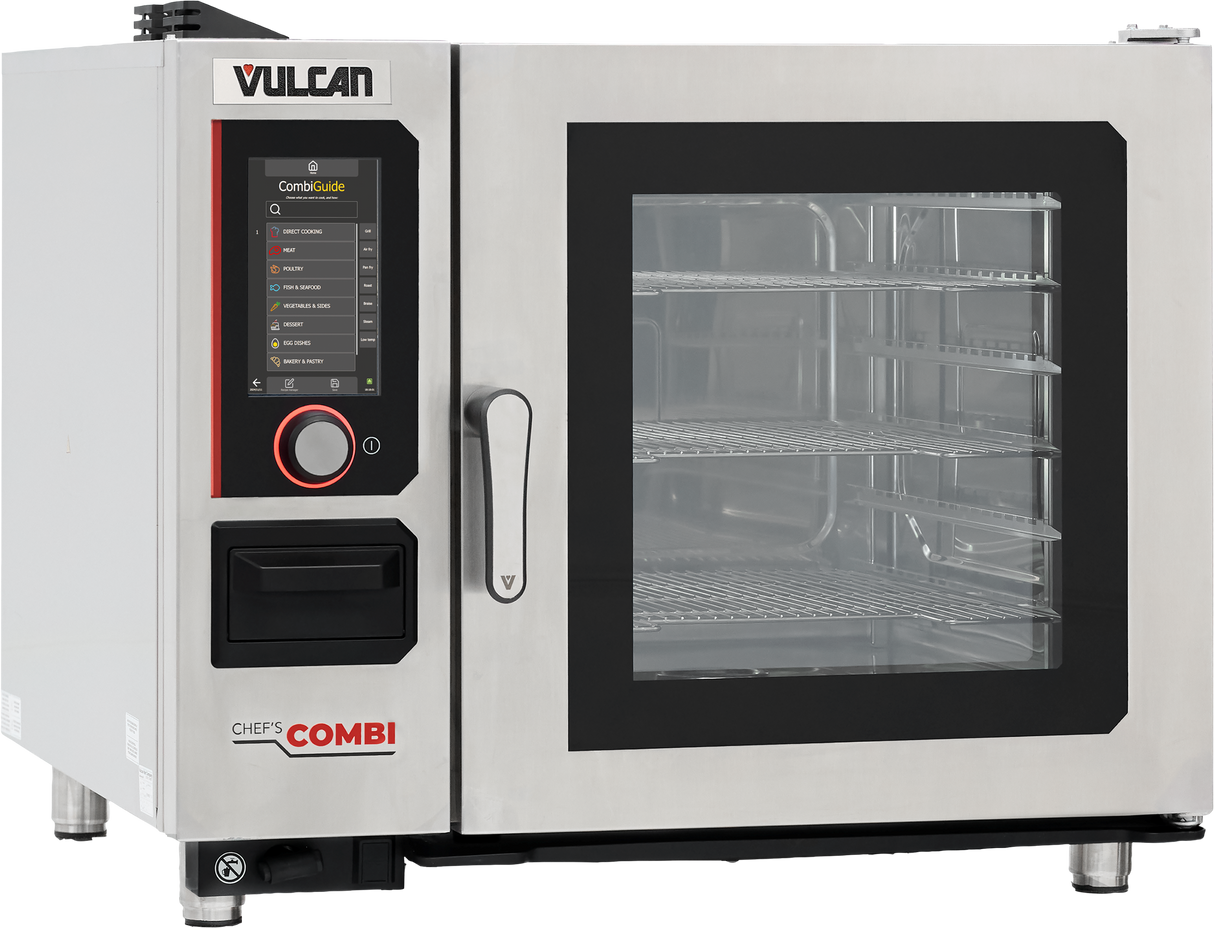 A stainless steel Vulcan Chef’s combi oven features a digital control panel on the left, labeled buttons, and a large glass door revealing multiple wire shelves. This multifunctional cooking equipment stands on short black feet.