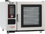 A stainless steel Vulcan Chef’s combi oven features a digital control panel on the left, labeled buttons, and a large glass door revealing multiple wire shelves. This multifunctional cooking equipment stands on short black feet.
