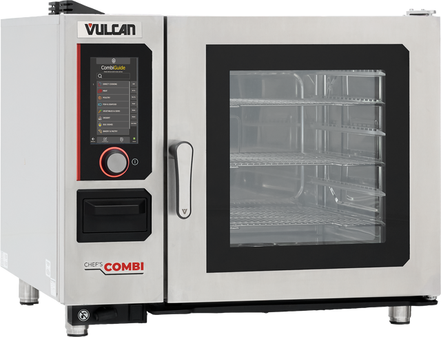 A stainless steel Vulcan Chef’s combi oven features a digital control panel on the left, labeled buttons, and a large glass door revealing multiple wire shelves. This multifunctional cooking equipment stands on short black feet.