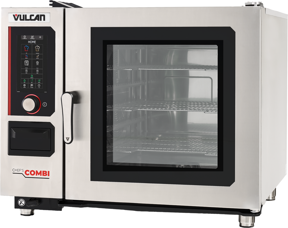 A stainless steel commercial combi oven with humidity control, featuring a glass door showing three metal racks inside. The digital control panel, large handle, and VULCAN and CHEFS COMBI branding complete this multifunctional cooking equipment.