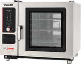 A stainless steel commercial combi oven with humidity control, featuring a glass door showing three metal racks inside. The digital control panel, large handle, and VULCAN and CHEFS COMBI branding complete this multifunctional cooking equipment.