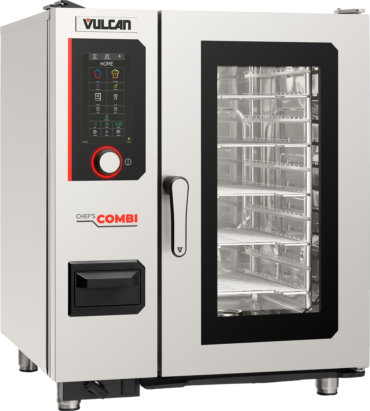 A stainless steel Vulcan combi oven features a glass door revealing multiple wire racks, a digital touchscreen displaying icons on the left, and a large handle. This multifunctional cooking equipment ensures precise results with humidity sensor-controlled climate.