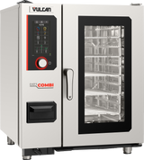 A stainless steel Vulcan combi oven features a glass door revealing multiple wire racks, a digital touchscreen displaying icons on the left, and a large handle. This multifunctional cooking equipment ensures precise results with humidity sensor-controlled climate.