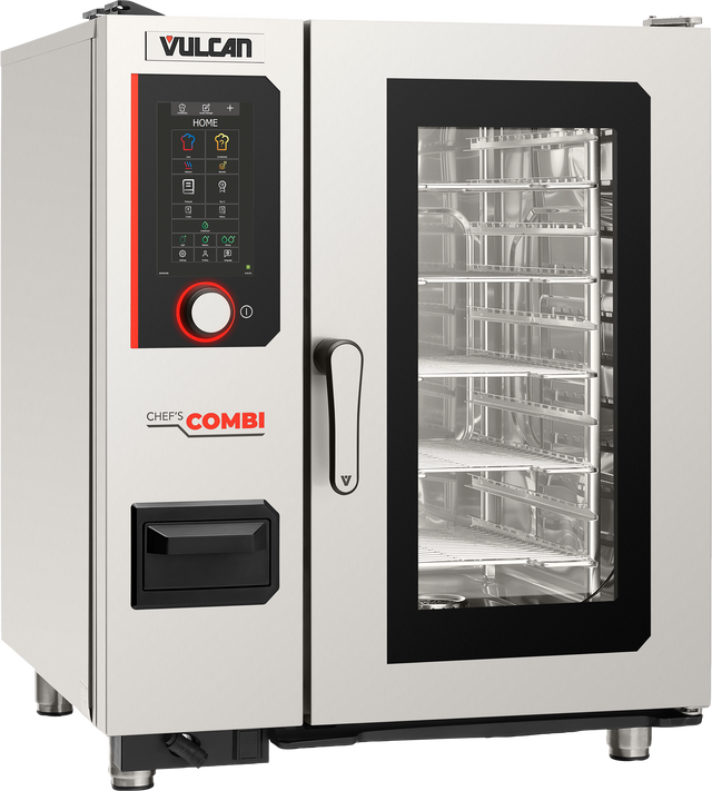 A stainless steel Vulcan combi oven features a glass door revealing multiple wire racks, a digital touchscreen displaying icons on the left, and a large handle. This multifunctional cooking equipment ensures precise results with humidity sensor-controlled climate.