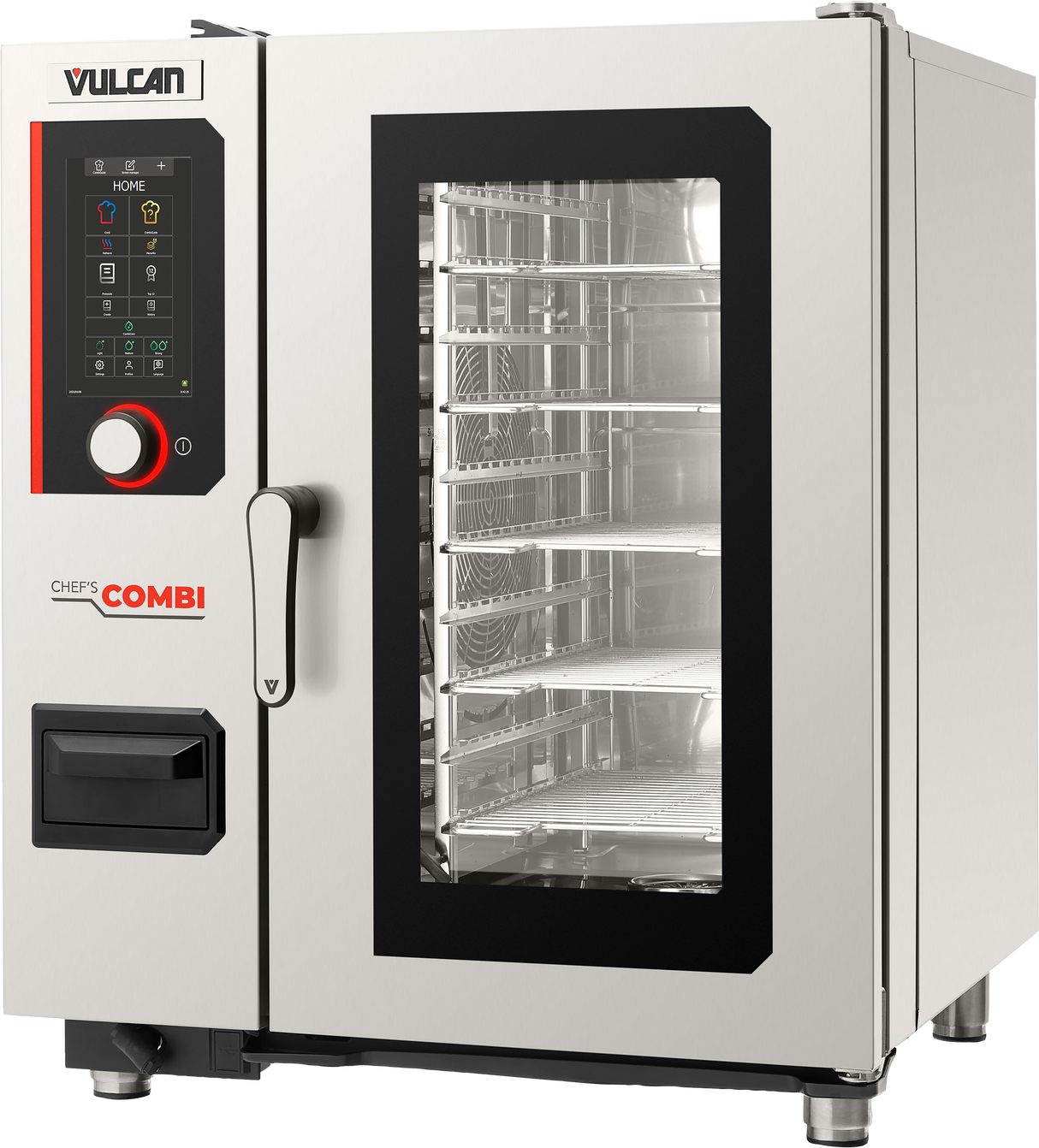 A stainless steel Vulcan Chefs Combi oven with a digital touchscreen control panel on the left, black handle, and glass door reveals multiple metal racks inside this multifunctional combi oven featuring humidity sensor-controlled climate.