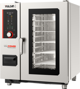 A stainless steel Vulcan Chefs Combi oven with a digital touchscreen control panel on the left, black handle, and glass door reveals multiple metal racks inside this multifunctional combi oven featuring humidity sensor-controlled climate.