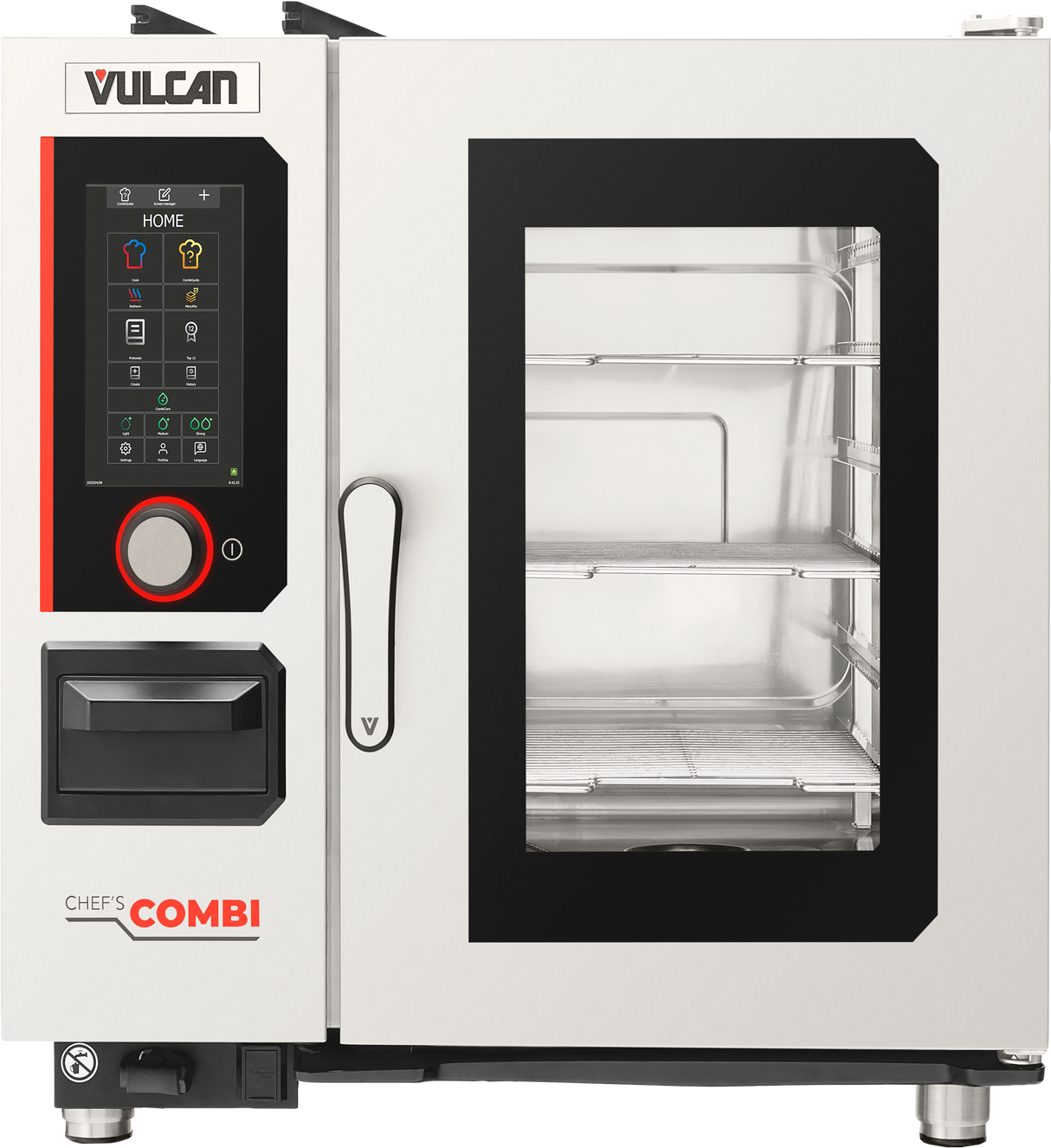 A stainless steel commercial combi oven with a large glass door showing metal shelves inside. To the left is a black and red digital control panel offering humidity control for precise multifunctional cooking. The oven is labeled Vulcan and Chef’s Combi on the front.