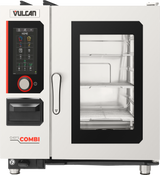A stainless steel commercial combi oven with a large glass door showing metal shelves inside. To the left is a black and red digital control panel offering humidity control for precise multifunctional cooking. The oven is labeled Vulcan and Chef’s Combi on the front.