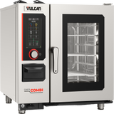 A multifunctional cooking equipment, the stainless steel Vulcan Chef’s Combi oven features a digital touch panel, black handle, clear glass door displaying metal racks, colorful icons on the control panel, and precise humidity control for perfect results.