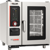 A multifunctional cooking equipment, the stainless steel Vulcan Chef’s Combi oven features a digital touch panel, black handle, clear glass door displaying metal racks, colorful icons on the control panel, and precise humidity control for perfect results.