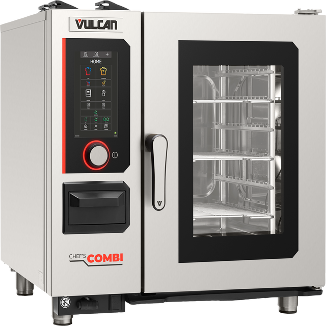 A multifunctional cooking equipment, the stainless steel Vulcan Chef’s Combi oven features a digital touch panel, black handle, clear glass door displaying metal racks, colorful icons on the control panel, and precise humidity control for perfect results.