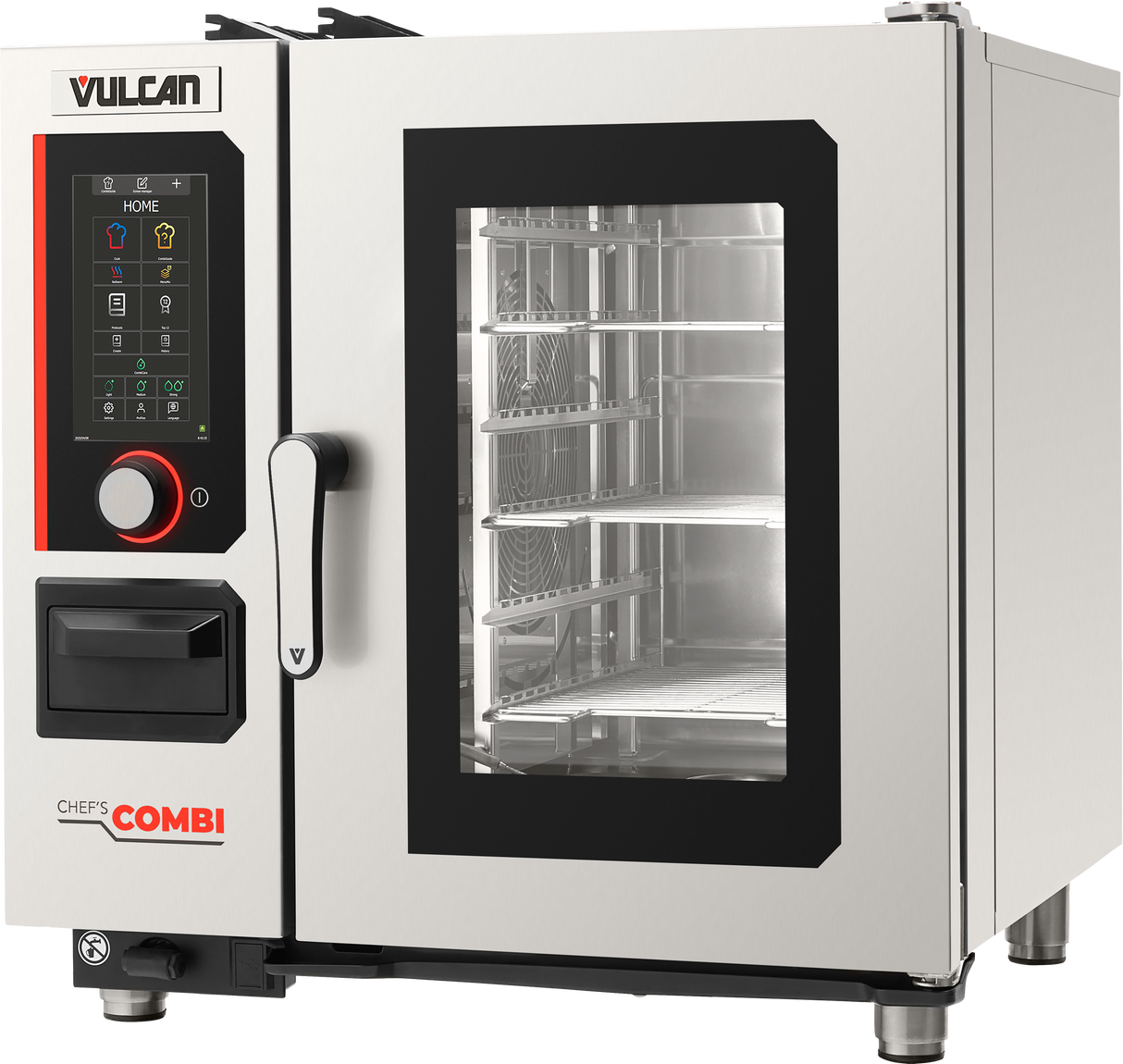 A stainless steel Vulcan Chefs Combi oven with a digital control panel on the left features multifunctional cooking equipment, a steam generator, a large glass door displaying multiple metal racks inside, and a sturdy handle for easy opening.