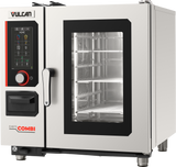 A stainless steel Vulcan Chefs Combi oven with a digital control panel on the left features multifunctional cooking equipment, a steam generator, a large glass door displaying multiple metal racks inside, and a sturdy handle for easy opening.