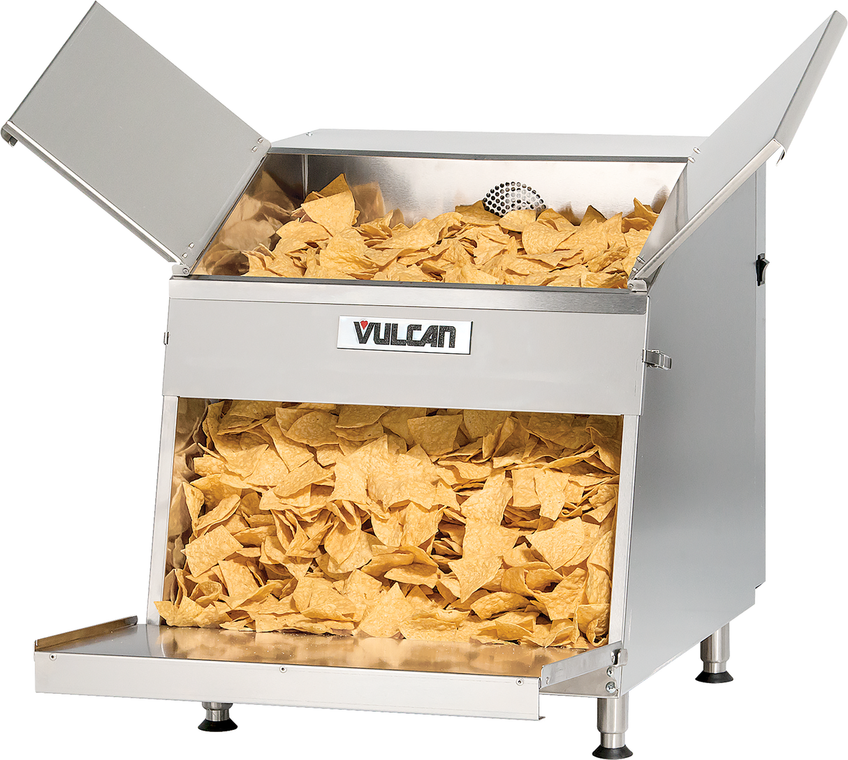 A large, 26-gallon stainless steel top load chip warmer with two open lids, filled with golden tortilla chips. The Vulcan-branded machine sits on four legs, ideal for keeping chips warm in food service settings.
