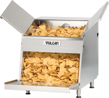 A large, 26-gallon stainless steel top load chip warmer with two open lids, filled with golden tortilla chips. The Vulcan-branded machine sits on four legs, ideal for keeping chips warm in food service settings.