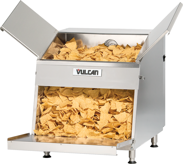 A large, 26-gallon stainless steel top load chip warmer with two open lids, filled with golden tortilla chips. The Vulcan-branded machine sits on four legs, ideal for keeping chips warm in food service settings.