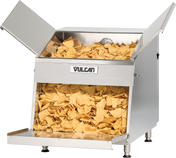 A commercial stainless steel chip warmer with top load design, filled with golden tortilla chips. Open top and front lids make access easy, while the Vulcan brand name is proudly displayed on the front panel.