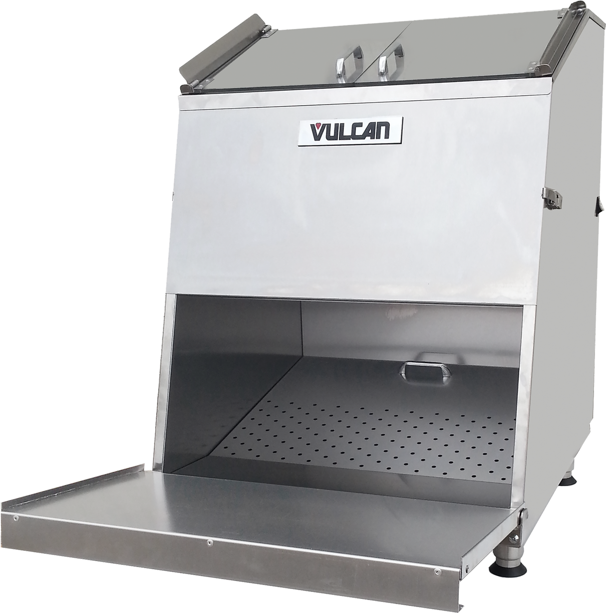 A large, industrial stainless-steel breading machine with a slanted front, “VULCAN” label, top load design, open lid, perforated interior tray, and a fold-down front platform for easy access and food handling.