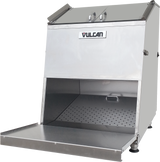 A large, industrial stainless-steel breading machine with a slanted front, “VULCAN” label, top load design, open lid, perforated interior tray, and a fold-down front platform for easy access and food handling.