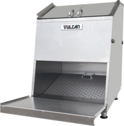 A large, industrial stainless-steel breading machine with a slanted front, “VULCAN” label, top load design, open lid, perforated interior tray, and a fold-down front platform for easy access and food handling.