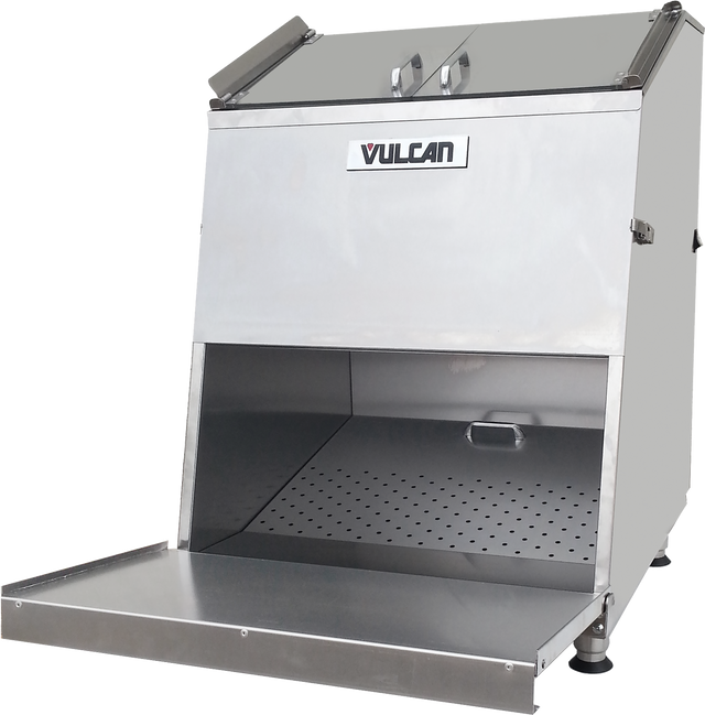 A large, industrial stainless-steel breading machine with a slanted front, “VULCAN” label, top load design, open lid, perforated interior tray, and a fold-down front platform for easy access and food handling.
