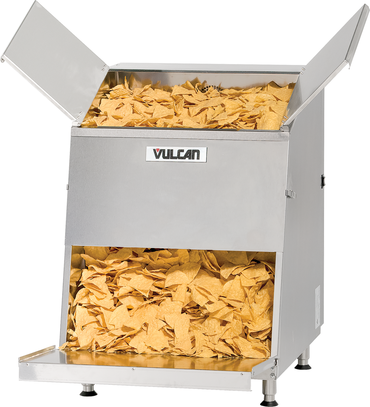 A stainless steel Vulcan VCW46 top load chip warmer filled with yellow corn tortilla chips. Chips are visible in both the top storage area with open lids and the bottom serving area, ready to be dispensed. The unit is elevated on metal legs.