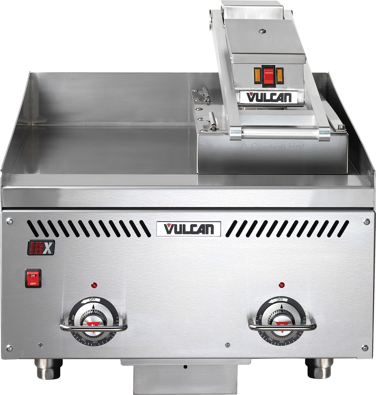 A commercial stainless steel electric griddle with rapid recovery, two control knobs, vent slits, a Vulcan logo, and a raised section with two red indicator lights. The flat surface features a partial backsplash, ideal for professional kitchen use.