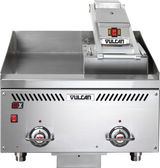 A commercial stainless steel electric griddle with rapid recovery, two control knobs, vent slits, a Vulcan logo, and a raised section with two red indicator lights. The flat surface features a partial backsplash, ideal for professional kitchen use.