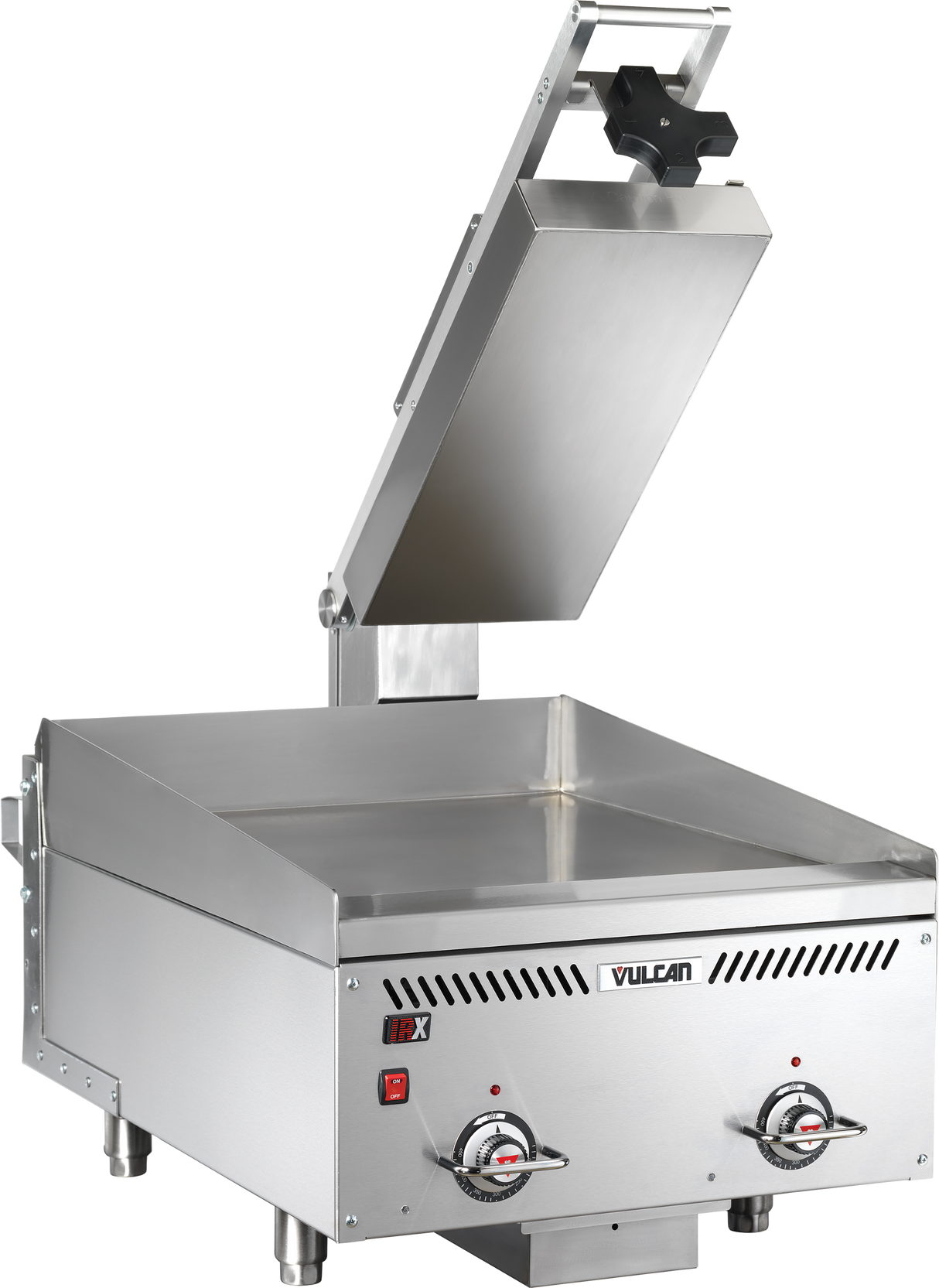 A stainless steel electric griddle with a rapid recovery feature, raised clamshell hood, two control knobs, a red power switch, and Vulcan branding. The angled lid and sturdy legs support its smooth flat cooking surface.