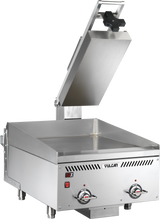 A stainless steel electric griddle with a rapid recovery feature, raised clamshell hood, two control knobs, a red power switch, and Vulcan branding. The angled lid and sturdy legs support its smooth flat cooking surface.
