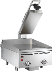 A stainless steel electric griddle with a rapid recovery feature, raised clamshell hood, two control knobs, a red power switch, and Vulcan branding. The angled lid and sturdy legs support its smooth flat cooking surface.
