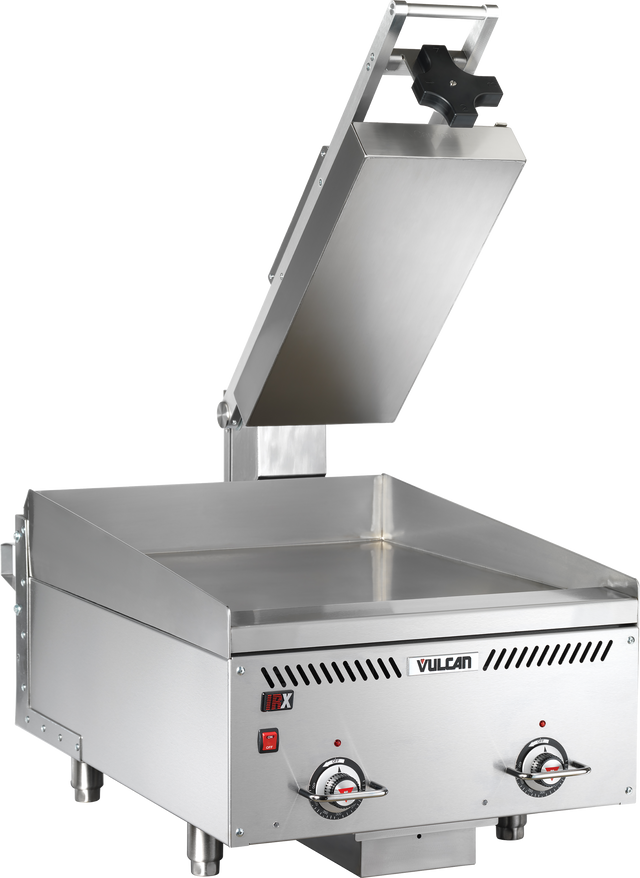 A stainless steel electric griddle with a rapid recovery feature, raised clamshell hood, two control knobs, a red power switch, and Vulcan branding. The angled lid and sturdy legs support its smooth flat cooking surface.