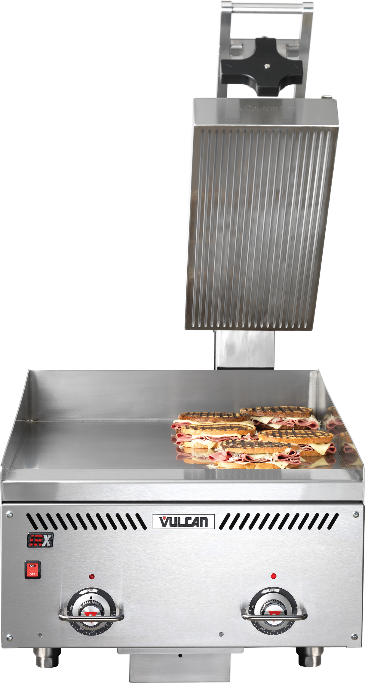 A commercial Vulcan sandwich press with an open top plate and thermostatic control, grilling several panini sandwiches on the flat bottom grill plate. The stainless steel machine features two control dials and indicator lights on the front panel.