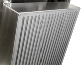 Close-up of a grooved steel plate with vertical, evenly spaced ridges. Part of a machine or appliance, it features a smooth, reflective finish and sharp edges. The background is out of focus and light gray.