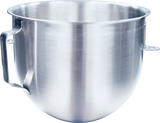 A large, shiny 5 quart stainless steel mixer bowl with a sturdy handle on the left and two small side brackets for attachment, photographed against a plain white background. The bowl features a smooth, slightly reflective surface.