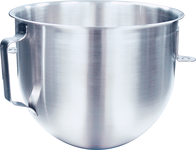 A large, shiny 5 quart stainless steel mixer bowl with a sturdy handle on the left and two small side brackets for attachment, photographed against a plain white background. The bowl features a smooth, slightly reflective surface.