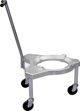 A metallic Deluxe Bowl Truck with three legs and black caster wheels, designed for industrial use. It features a circular opening to hold a drum or Hobart Classic Mixers bowl and a long, angled handle for easy pushing or pulling.