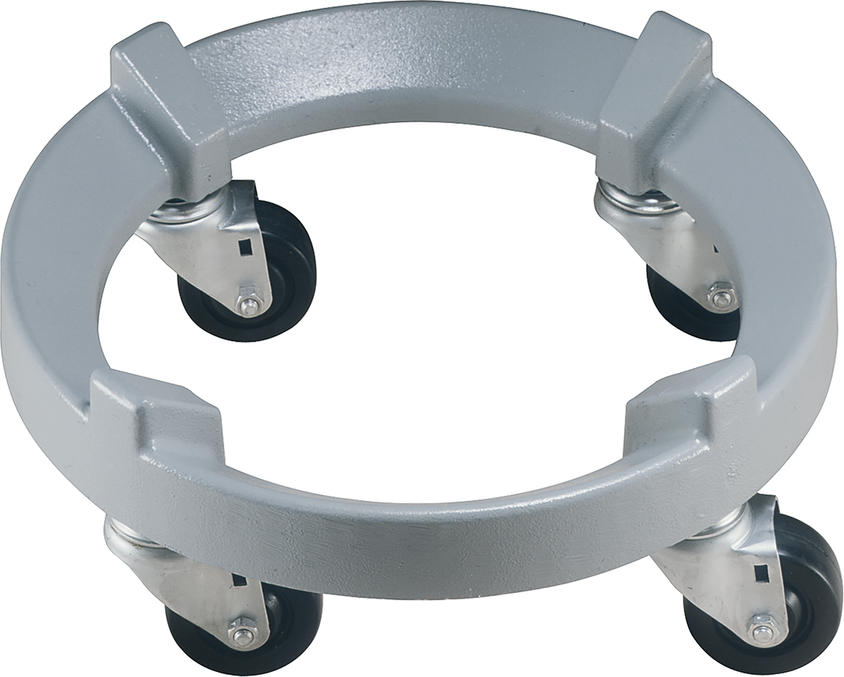 A metal circular dolly, like the Hobart Deluxe Bowl Truck for Classic Mixers, features four black swivel caster wheels. Designed to support and transport cylindrical containers, it has a solid round frame with four evenly spaced raised brackets.